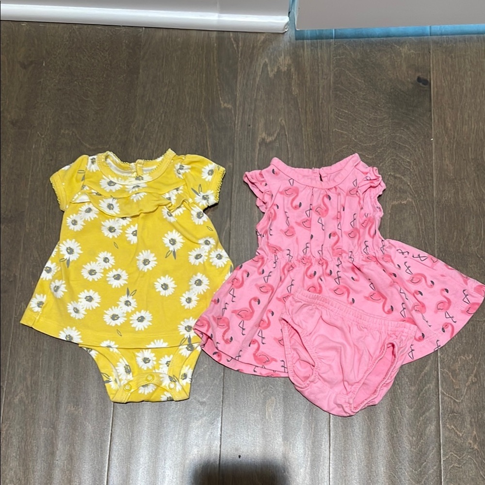 2 Carters NB Baby Dresses Yellow Floral and Pink Flamingo Baby Outfits